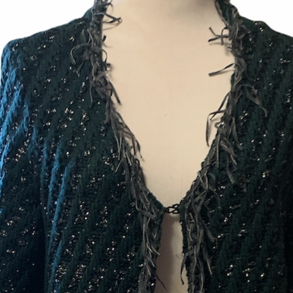 Simply vera vera Wang long deep green cardigan, fringe detail and black sparkles